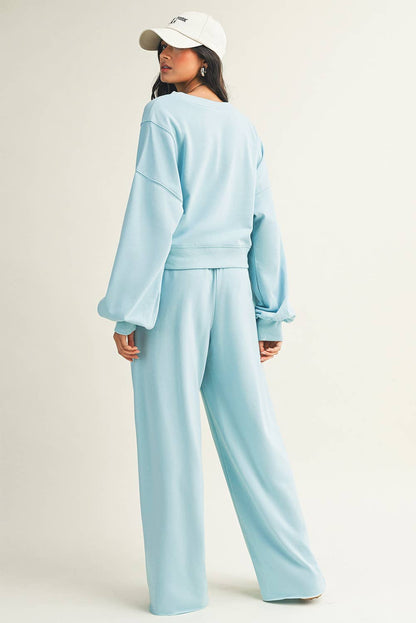 LDC Drop Shoulder Pullover Drawstring Wide Leg Pants Set