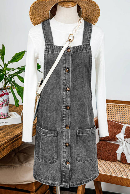 Western Wide Strap Button Front Pocketed Denim Mini Dress