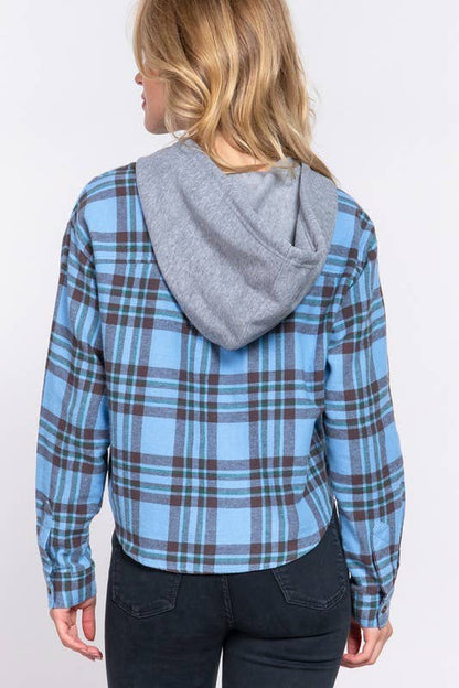 Long Slv Drawstring Hoodie Button Down Plaid Shirt