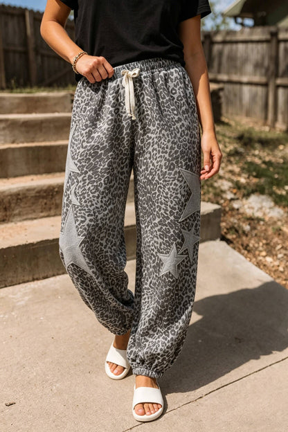 Western Leopard Star Patched Drawstring Jogger Pants
