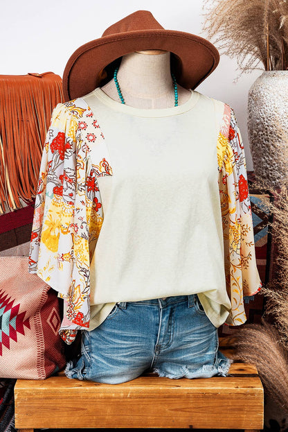 Fashion-W Floral Patchwork Half Batwing Sleeve Blouse
