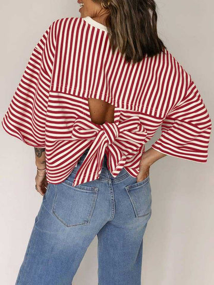 Green Striped Knit Back Bow Tie Open Back Top Women
