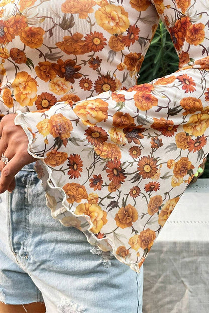 Floral Mesh Bell Sleeve Blouse