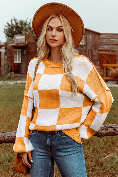 Fashion-W Checkered Bishop Sleeve Sweater*S-2XL