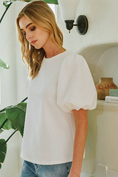 Fashion-W Textured O Neck Puff Sleeve Blouse
