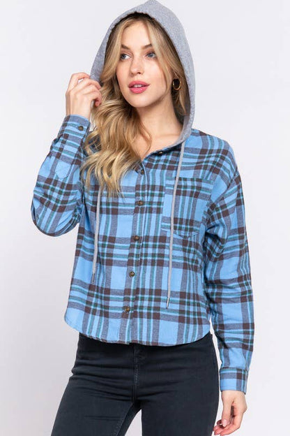 Long Slv Drawstring Hoodie Button Down Plaid Shirt