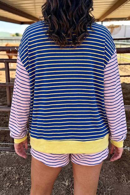 Cozy Fall Striped Color Block 2-Piece Pullover & Shorts Set