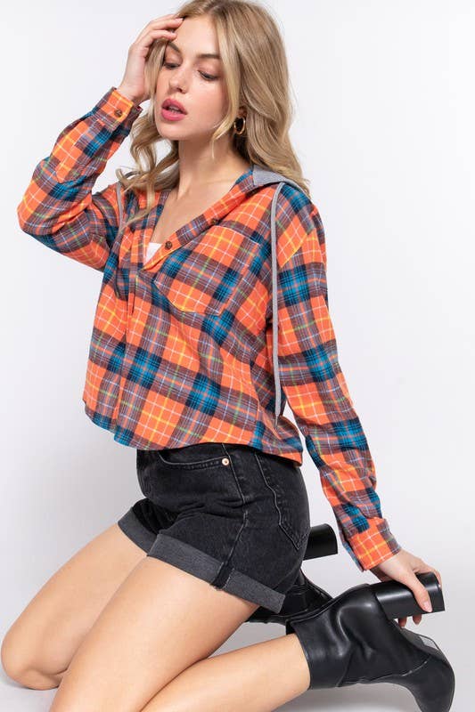 Long Slv Drawstring Hoodie Button Down Plaid Shirt