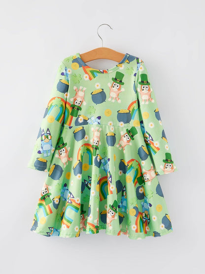 Cartoon Character Rainbow Print Girls Dress