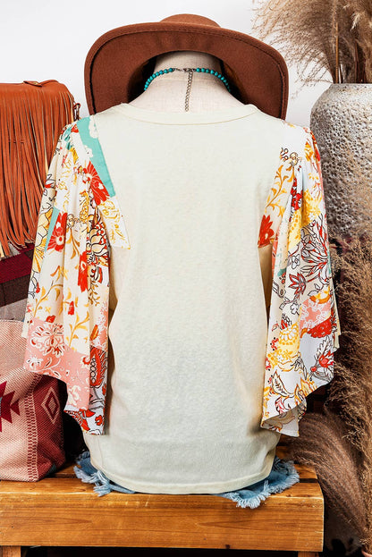 Fashion-W Floral Patchwork Half Batwing Sleeve Blouse
