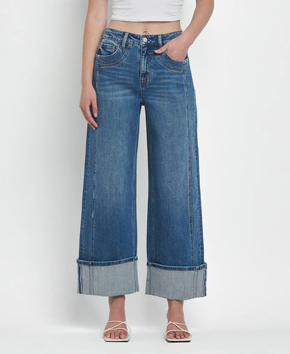 SUPER HIGH RISE CUFFED BAGGY WIDE JEANS F5856