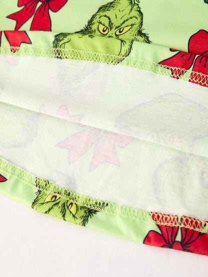 Winter Christmas Tree Bow Character Print  Green Girls Dress