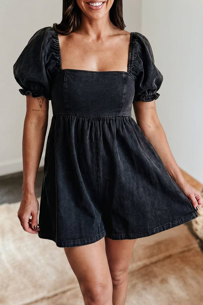 Denim Square Neck Smocked Short Puff Sleeve Flared Romper