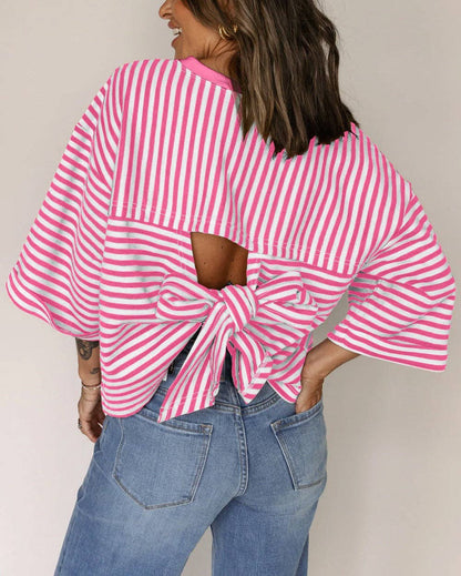 Green Striped Knit Back Bow Tie Open Back Top Women