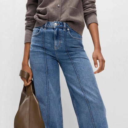 High Waist Contrast Stitch Wide Leg Washed Jeans