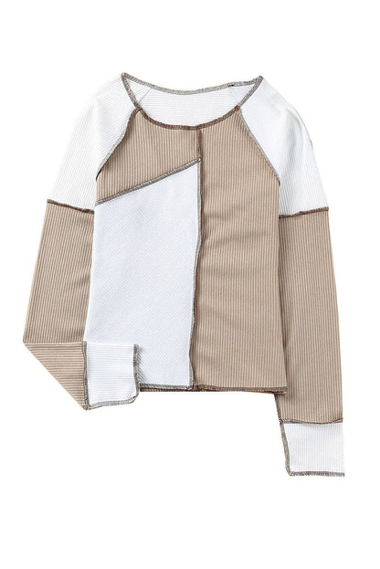 Ribbed Color Block Slim Fit Top with Contrast Seams