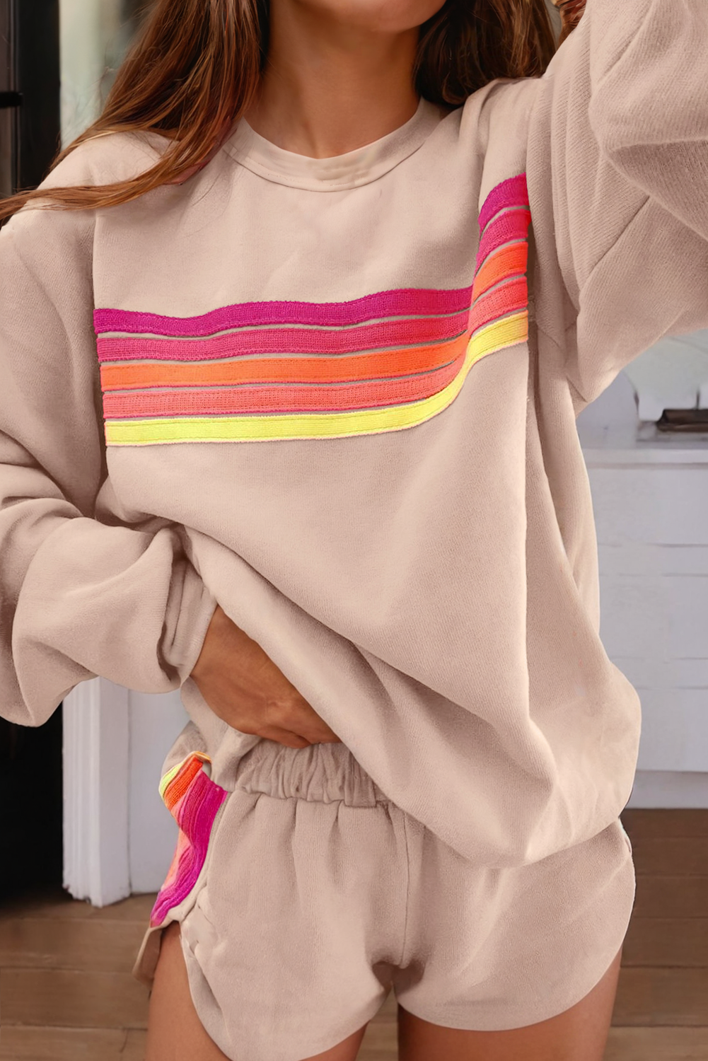 LDC Color Contrast Trim Long Sleeve Top and Shorts Set