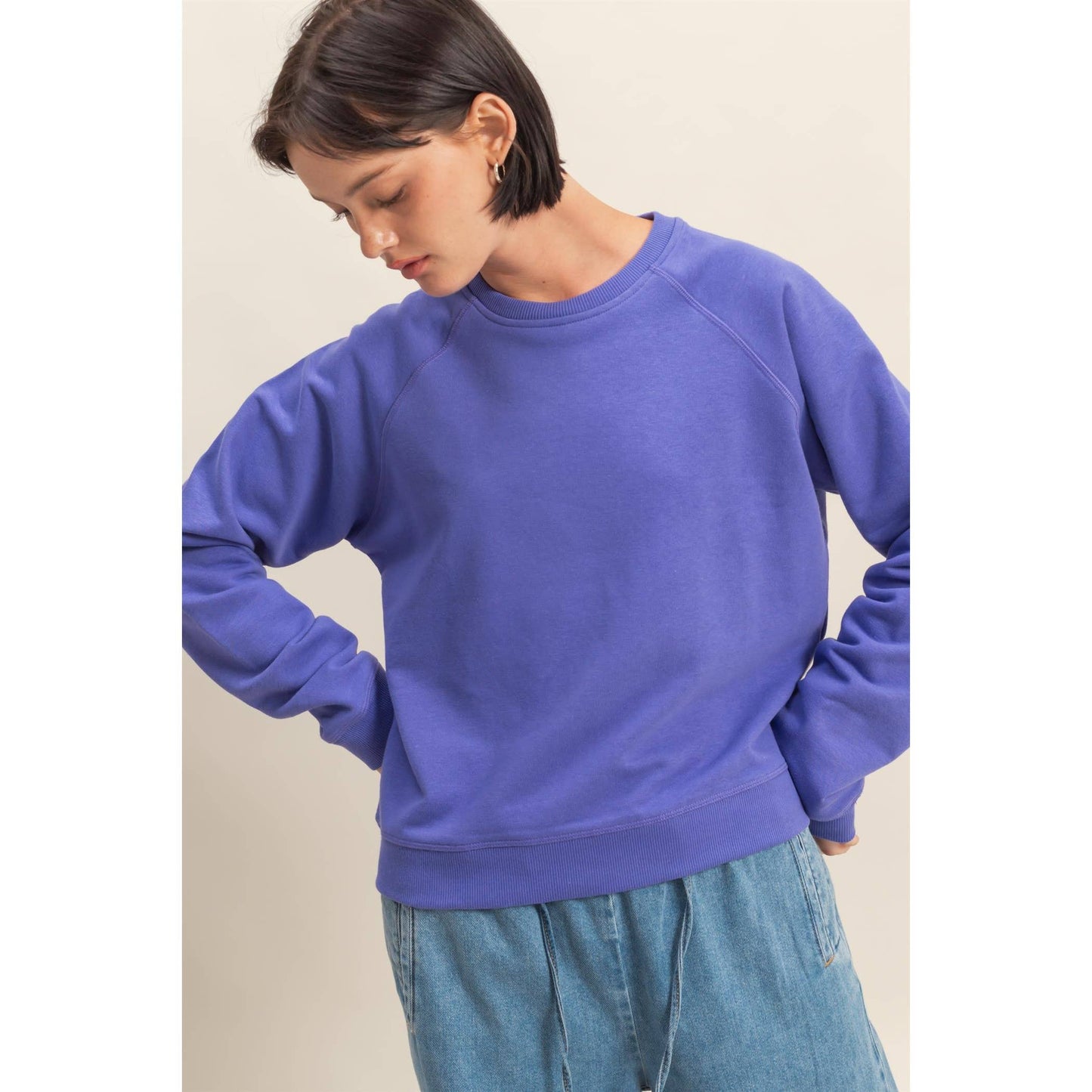 Crew Neck Raglan Sleeve Comfy Pullover Sweatshirt