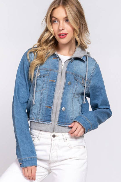 Long Sleeve Contrast Terry Hoodie Denim Jacket