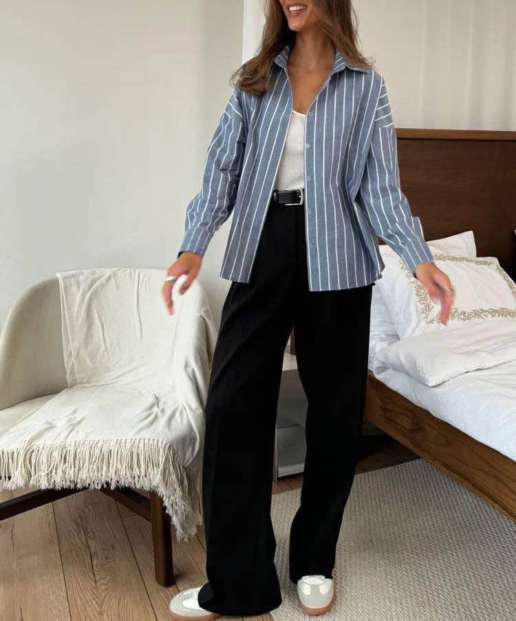 Striped Oversized Button Down Shirt Blouse