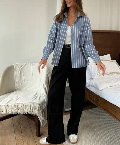 Striped Oversized Button Down Shirt Blouse