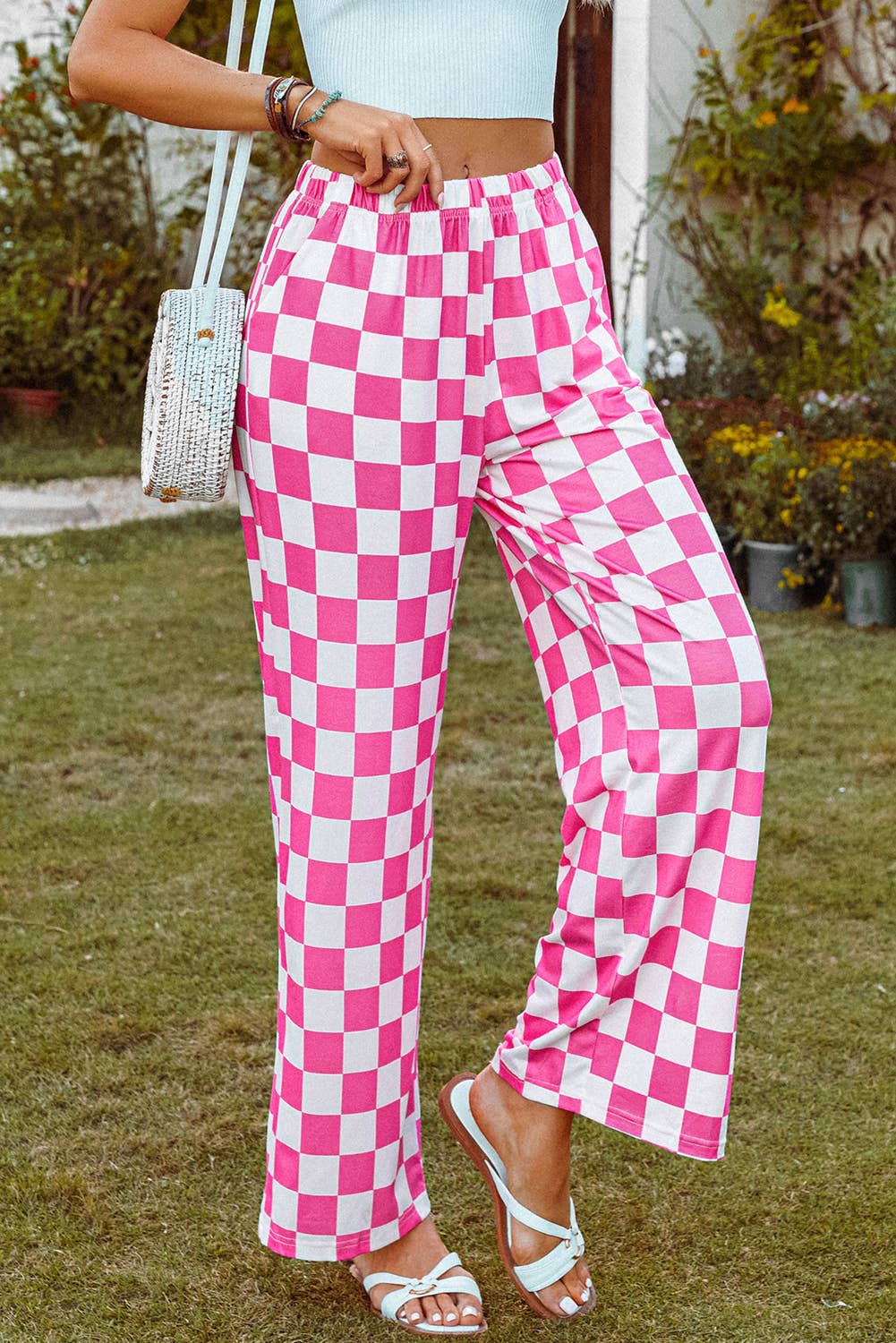 Fashion-W 2-Tone Checked Print High Waist Wide Leg Pants