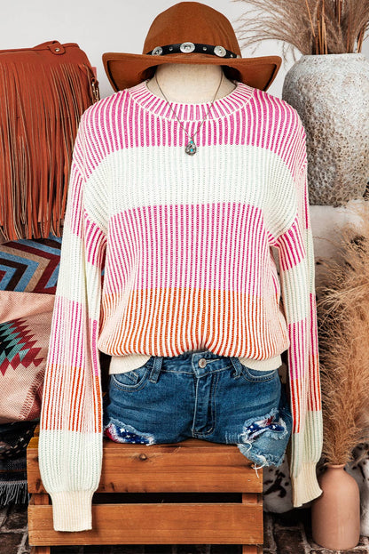 Fall Colorblock Textured Knit Bubble Sleeve Sweater