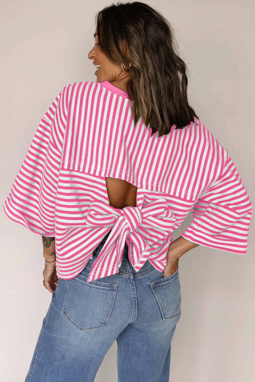 Green Striped Knit Back Bow Tie Open Back Top Women