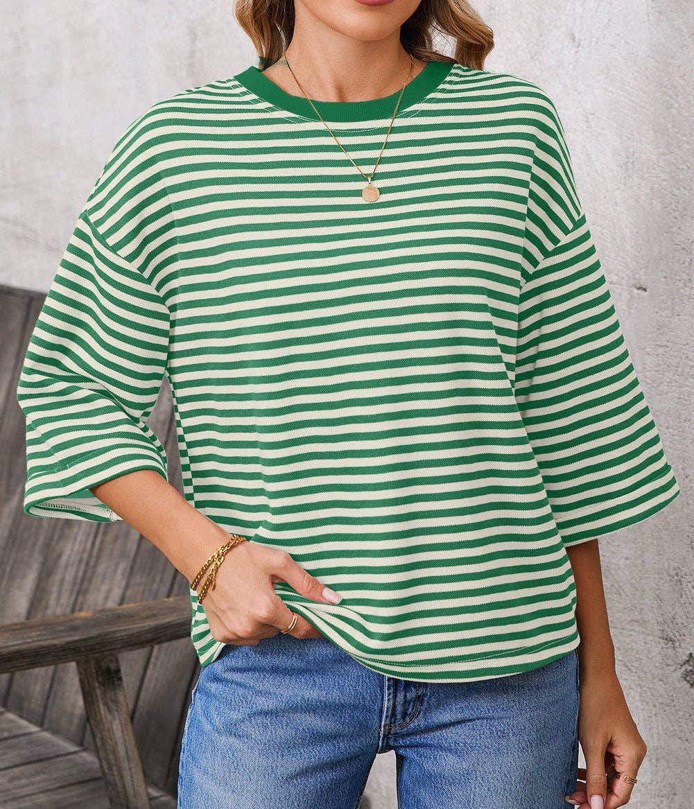 Green Striped Knit Back Bow Tie Open Back Top Women
