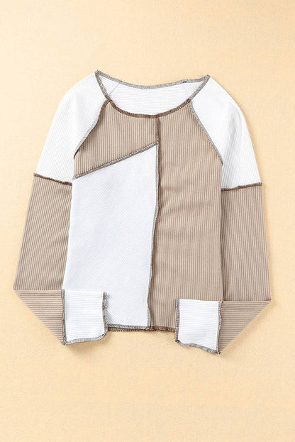 Ribbed Color Block Slim Fit Top with Contrast Seams