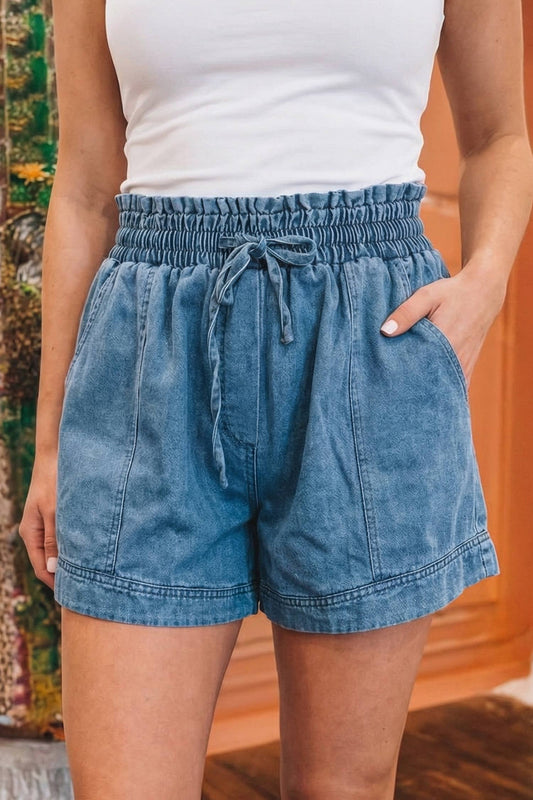 Fashion Casual Dusk Blue Smocked Elastic Waist Denim Shorts