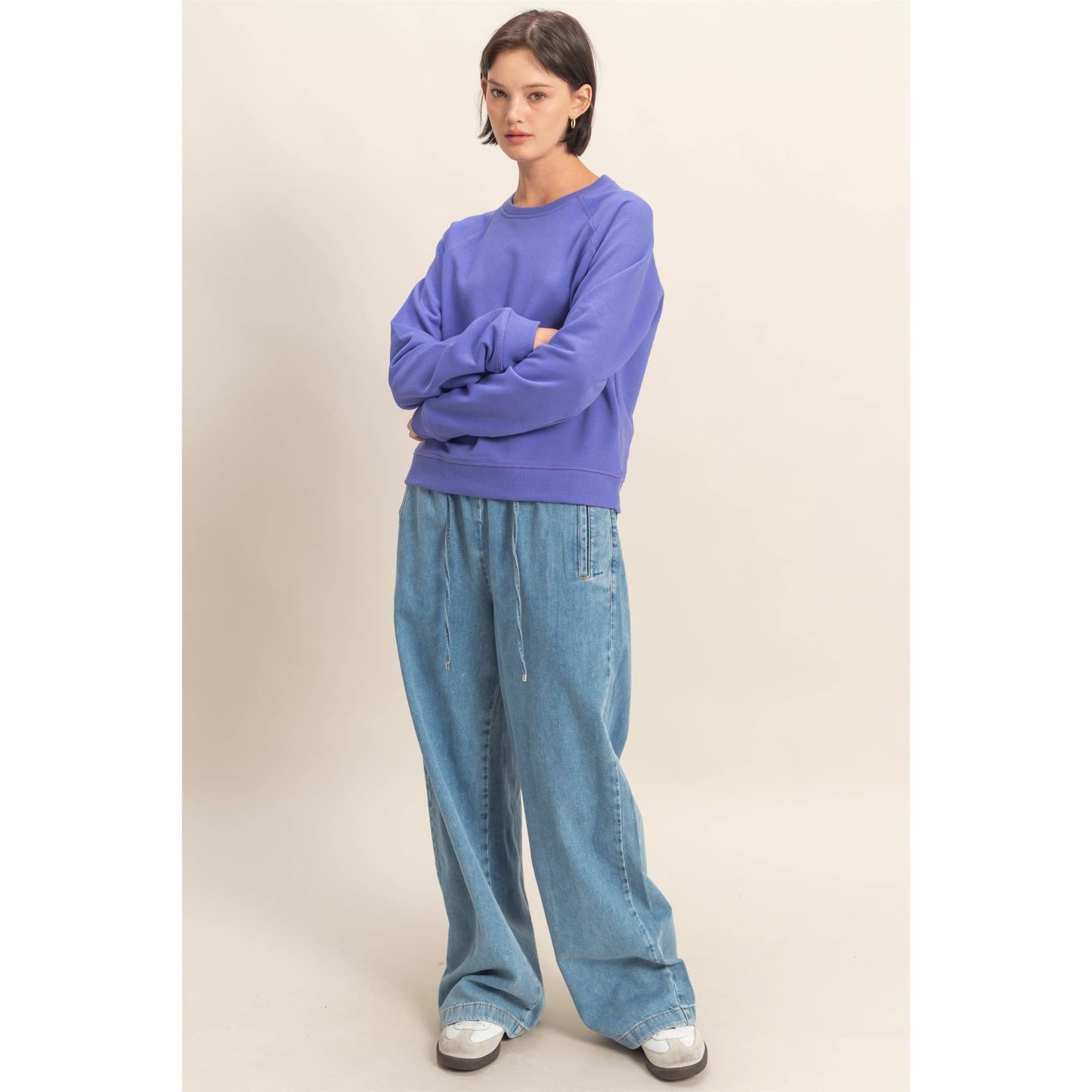 Crew Neck Raglan Sleeve Comfy Pullover Sweatshirt