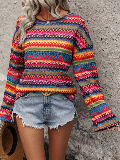 Boho Geometric Knit Sweater Bell Sleeve Crew Neck Top
