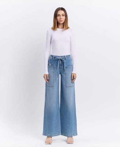 HIGH RISE ELASTIC TIE WAISTBAND BAGGY WIDE JEANS F5955