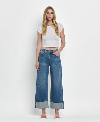 SUPER HIGH RISE CUFFED BAGGY WIDE JEANS F5856