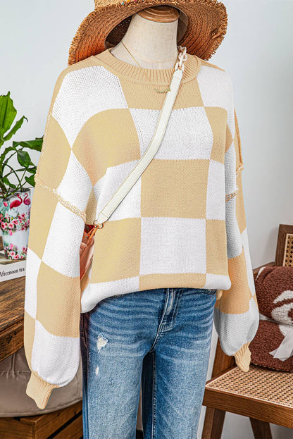 Fashion-W Checkered Bishop Sleeve Sweater*S-2XL