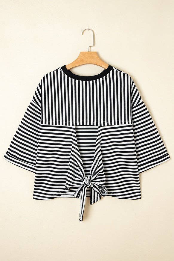 Green Striped Knit Back Bow Tie Open Back Top Women