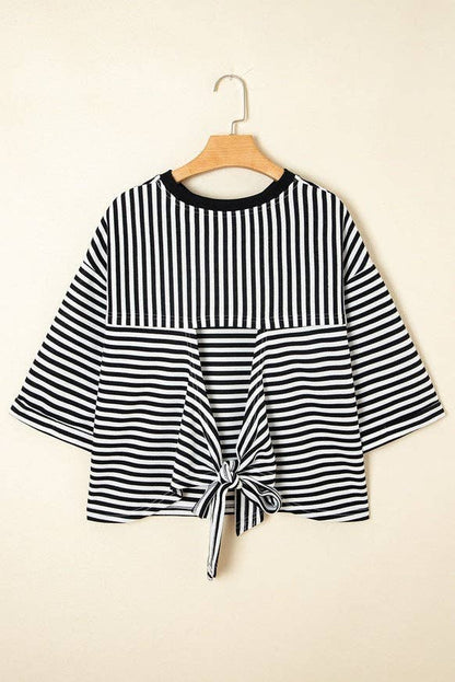 Green Striped Knit Back Bow Tie Open Back Top Women