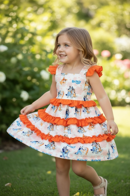 Dog printed character dress with ruffle trim. DRG60225 AMY