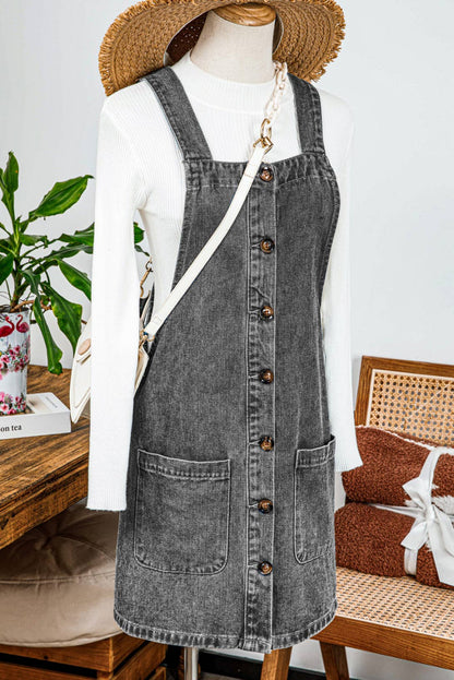 Western Wide Strap Button Front Pocketed Denim Mini Dress