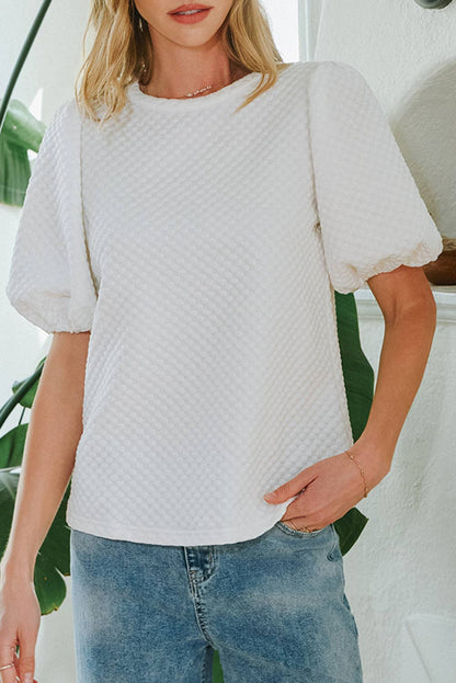 Fashion-W Textured O Neck Puff Sleeve Blouse