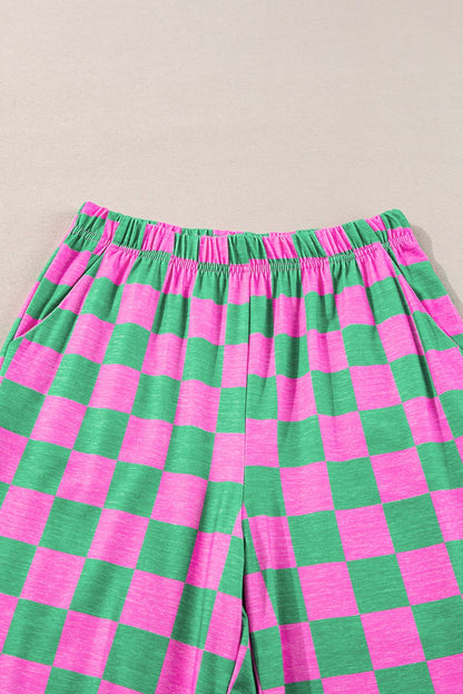 Fashion-W 2-Tone Checked Print High Waist Wide Leg Pants