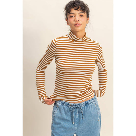 Striped Turtleneck Fitted Long Sleeve Top