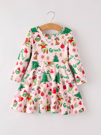 Winter Christmas Character Print Girls Dress