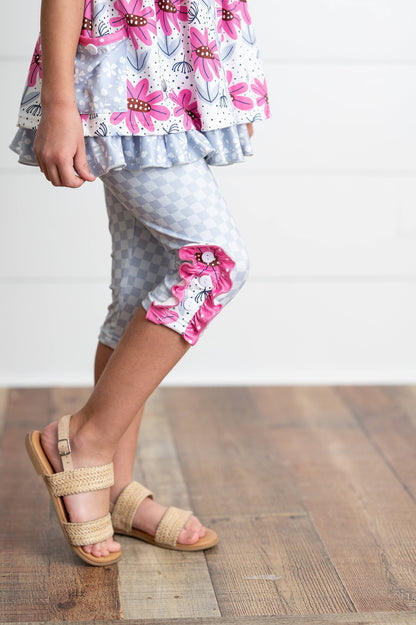 Girls Magenta Flower & Gray Check Pocket Capri Spring Set