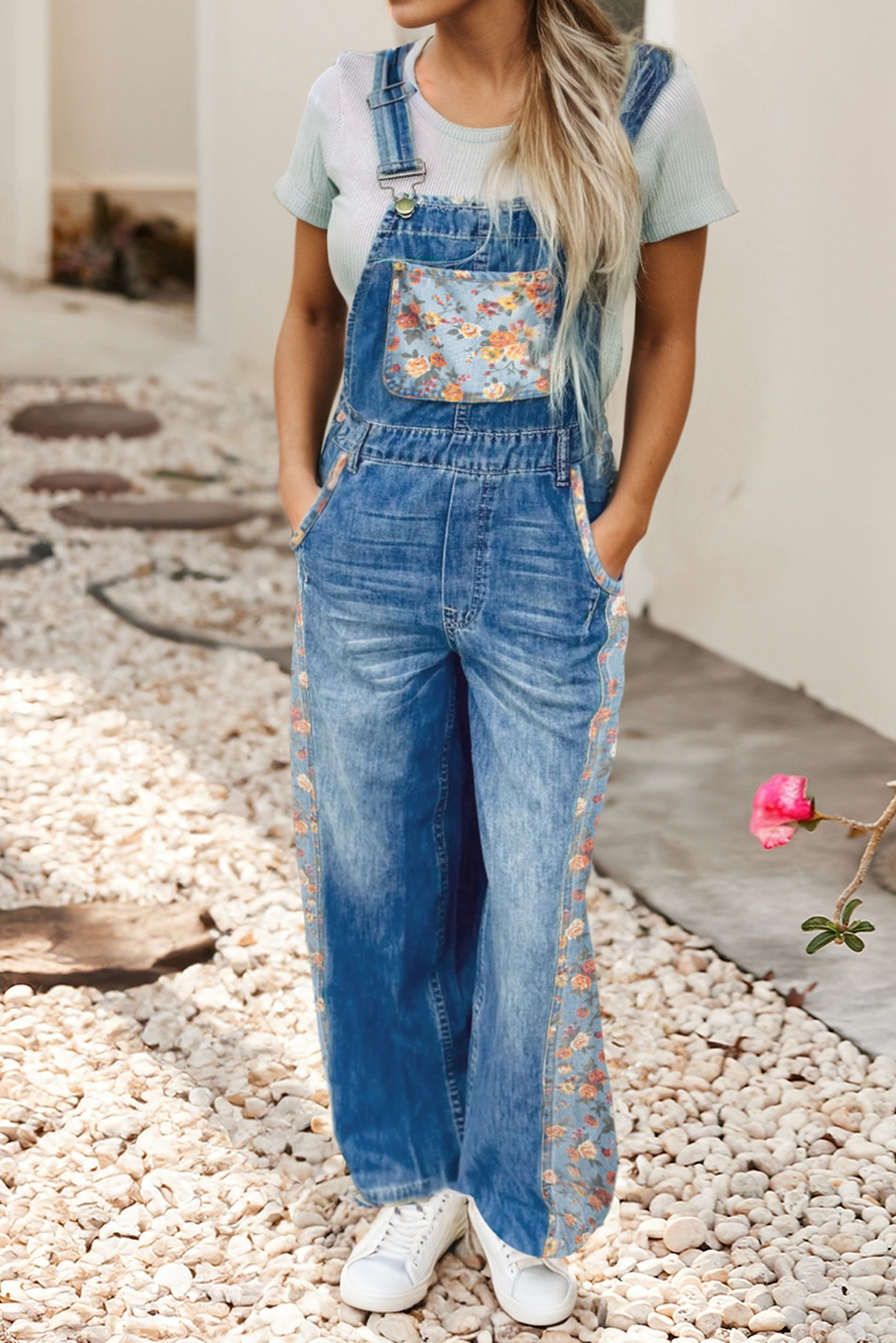 LDC Floral Patchwork Bib Denim Wide Leg Overalls