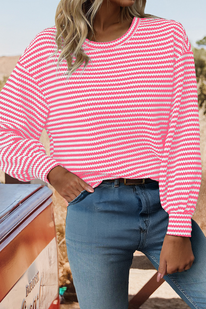 Fall Stripe Round Neck Drop Shoulder Long Sleeve Top*S-3XL