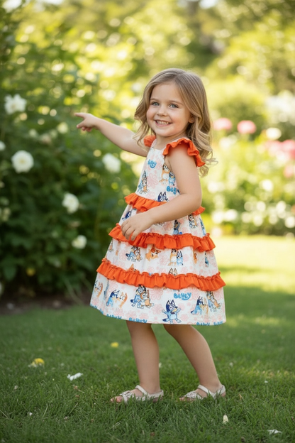 Dog printed character dress with ruffle trim. DRG60225 AMY